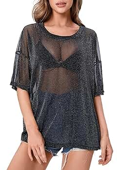 Glitter See Through Tops Women: Sheer Mesh Short Sleeve